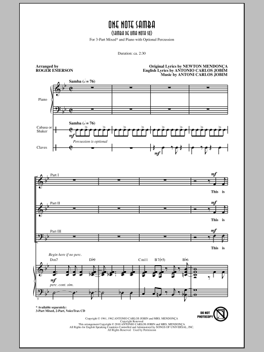 Roger Emerson One Note Samba (Samba De Uma Nota So) Sheet Music Notes & Chords for 3-Part Mixed - Download or Print PDF