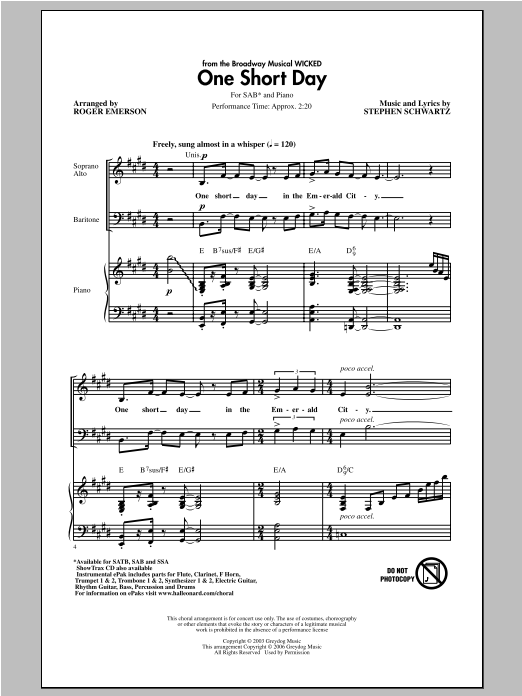 Roger Emerson One Short Day (from Wicked) Sheet Music Notes & Chords for SAB - Download or Print PDF