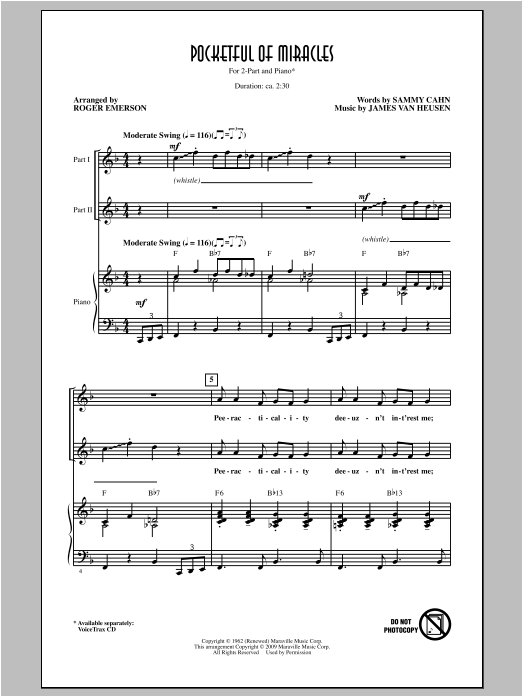 Roger Emerson Pocketful Of Miracles Sheet Music Notes & Chords for 2-Part Choir - Download or Print PDF