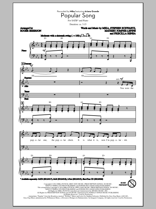 Mika Popular Song (arr. Roger Emerson) Sheet Music Notes & Chords for SAB - Download or Print PDF