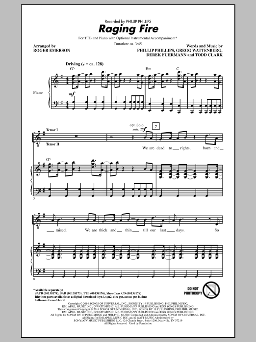 Phillip Phillips Raging Fire (arr. Roger Emerson) Sheet Music Notes & Chords for SAB - Download or Print PDF