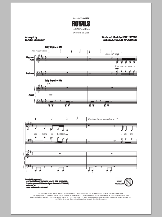 Lorde Royals (arr. Roger Emerson) Sheet Music Notes & Chords for SSA - Download or Print PDF