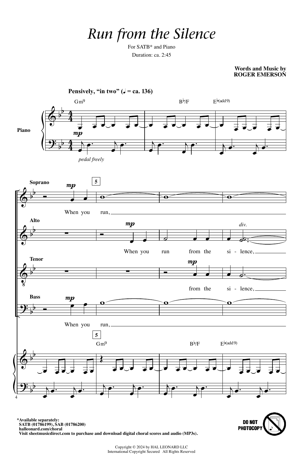 Roger Emerson Run From The Silence Sheet Music Notes & Chords for SAB Choir - Download or Print PDF