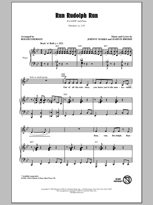 Roger Emerson Run Rudolph Run Sheet Music Notes & Chords for SATB - Download or Print PDF