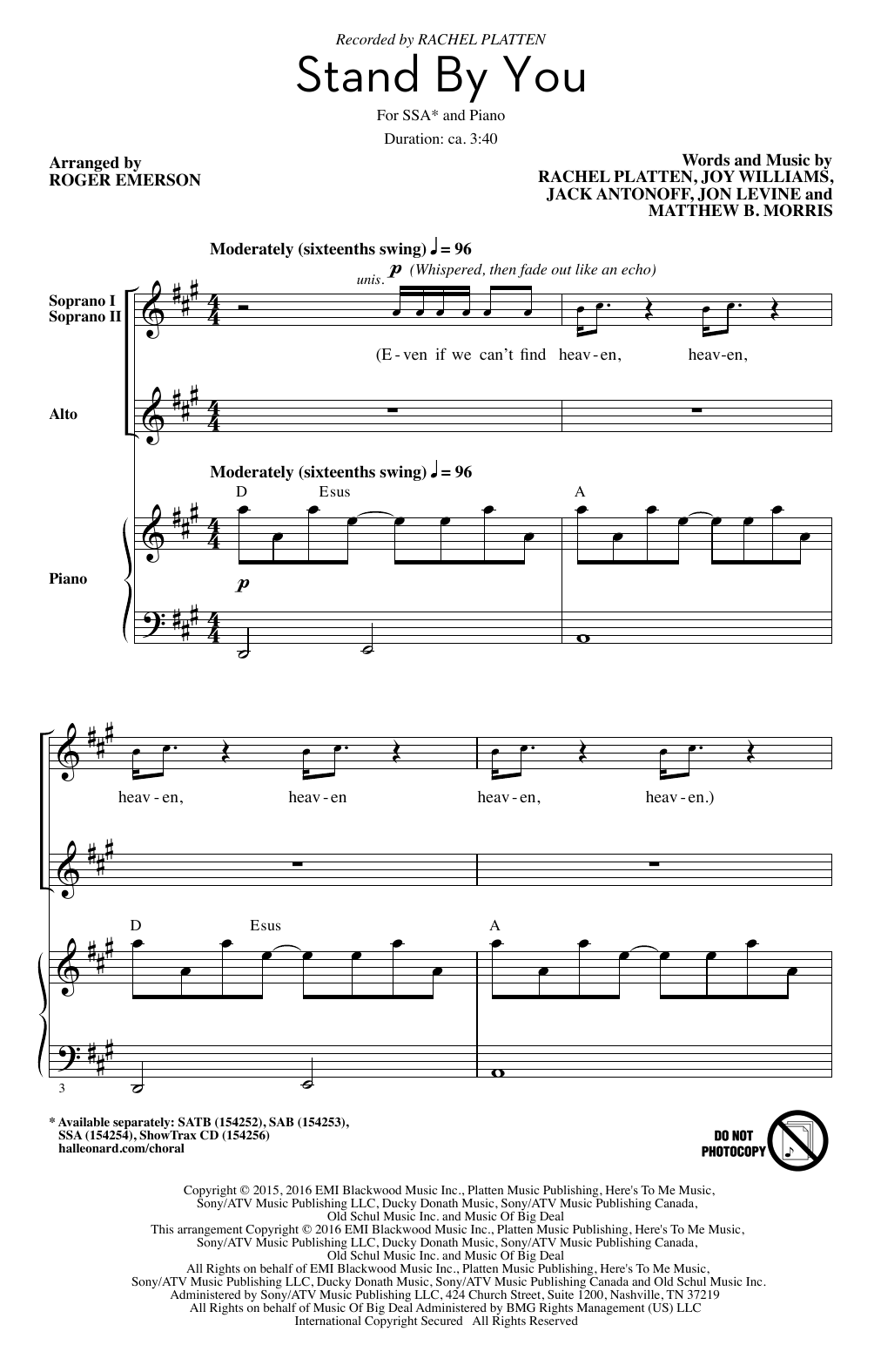 Roger Emerson Stand By You Sheet Music Notes & Chords for SSA - Download or Print PDF