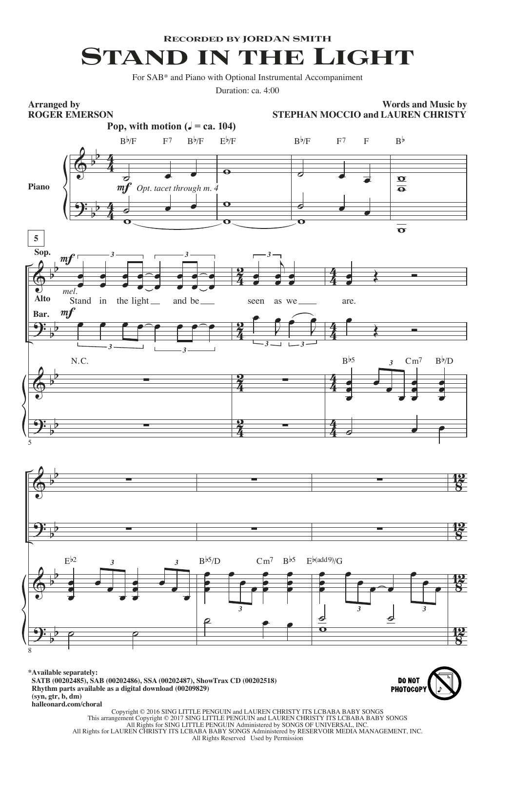 Roger Emerson Stand In The Light Sheet Music Notes & Chords for SAB - Download or Print PDF