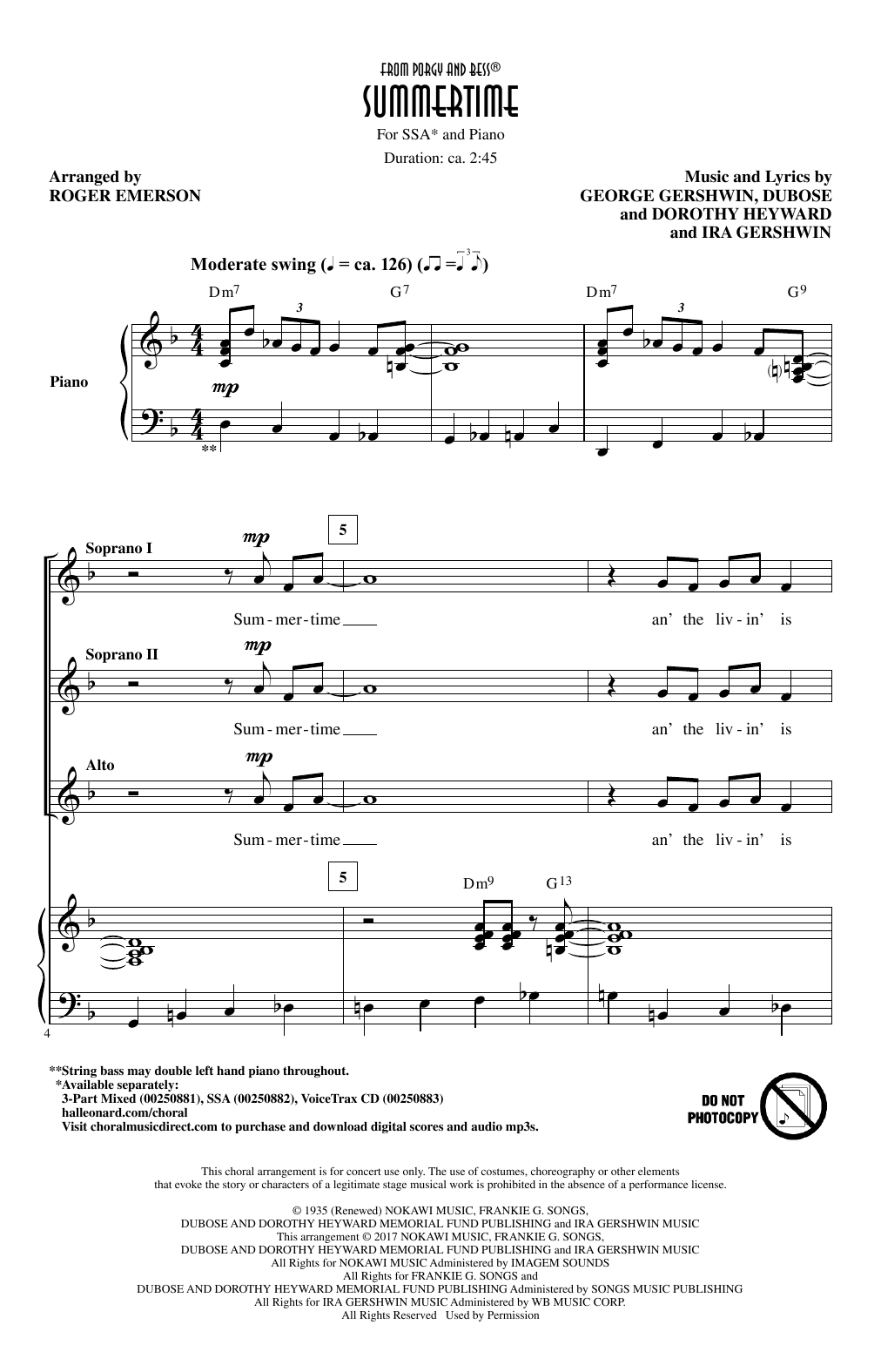 Roger Emerson Summertime Sheet Music Notes & Chords for SSA - Download or Print PDF