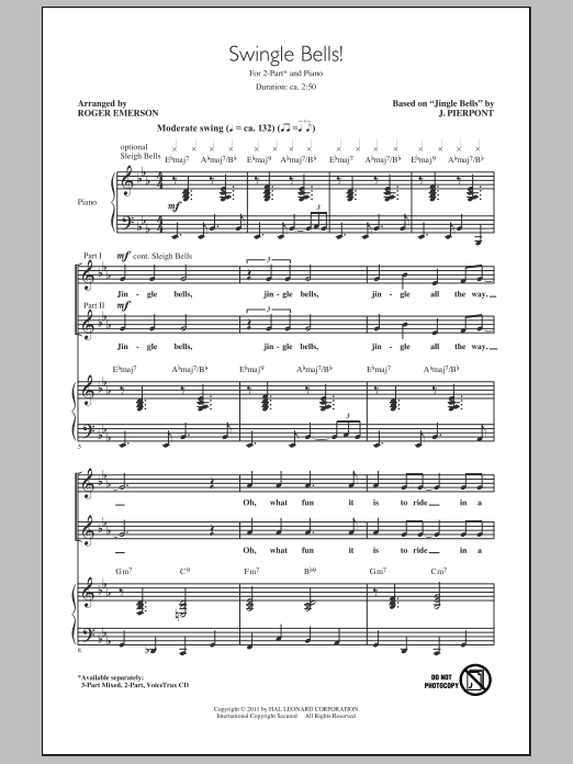 J. Pierpont Swingle Bells! (arr. Roger Emerson) Sheet Music Notes & Chords for 2-Part Choir - Download or Print PDF