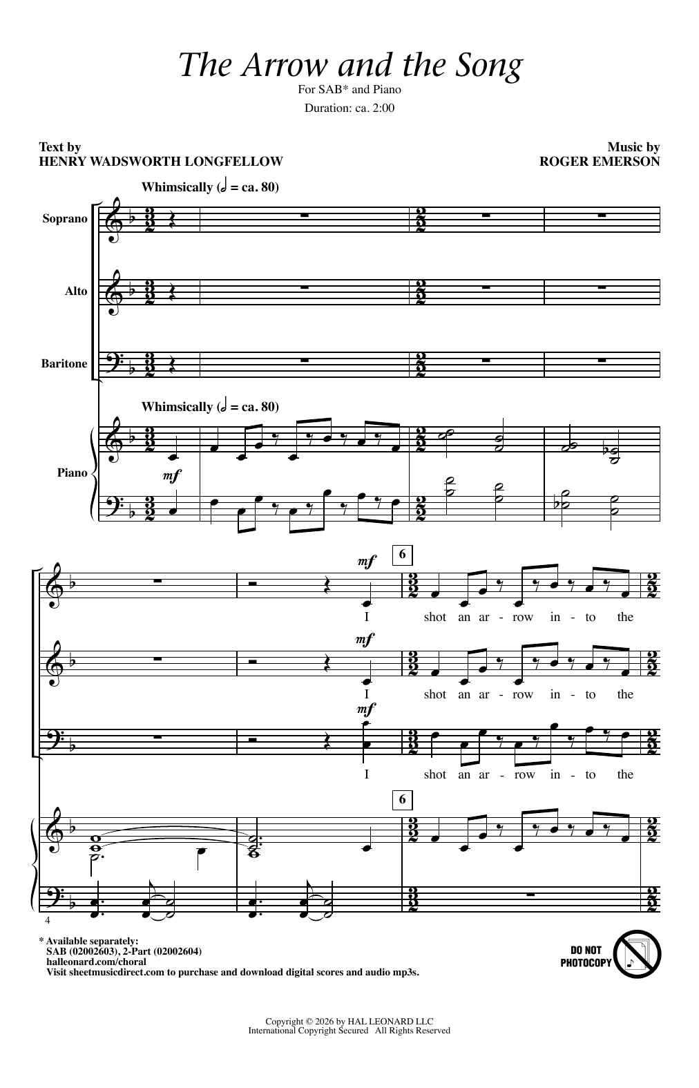 Roger Emerson The Arrow And The Song Sheet Music Notes & Chords for SAB Choir - Download or Print PDF