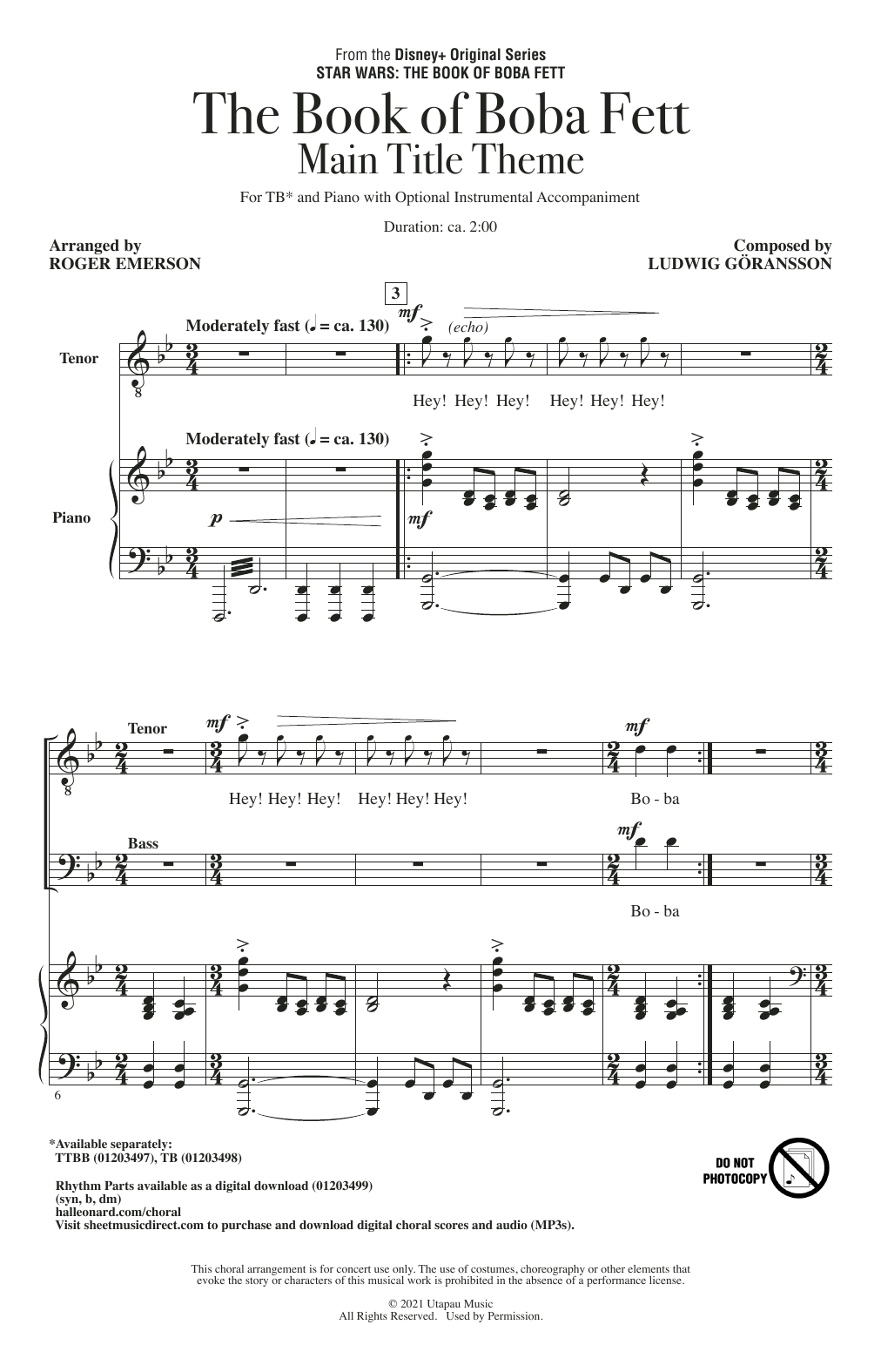Roger Emerson The Book Of Boba Fett Main Title Theme (arr. Roger Emerson) Sheet Music Notes & Chords for TB Choir - Download or Print PDF