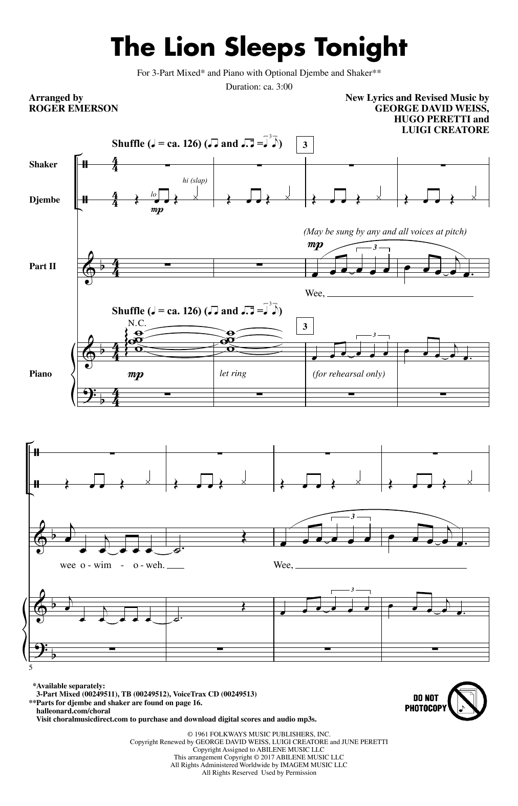 Roger Emerson The Lion Sleeps Tonight Sheet Music Notes & Chords for TB - Download or Print PDF