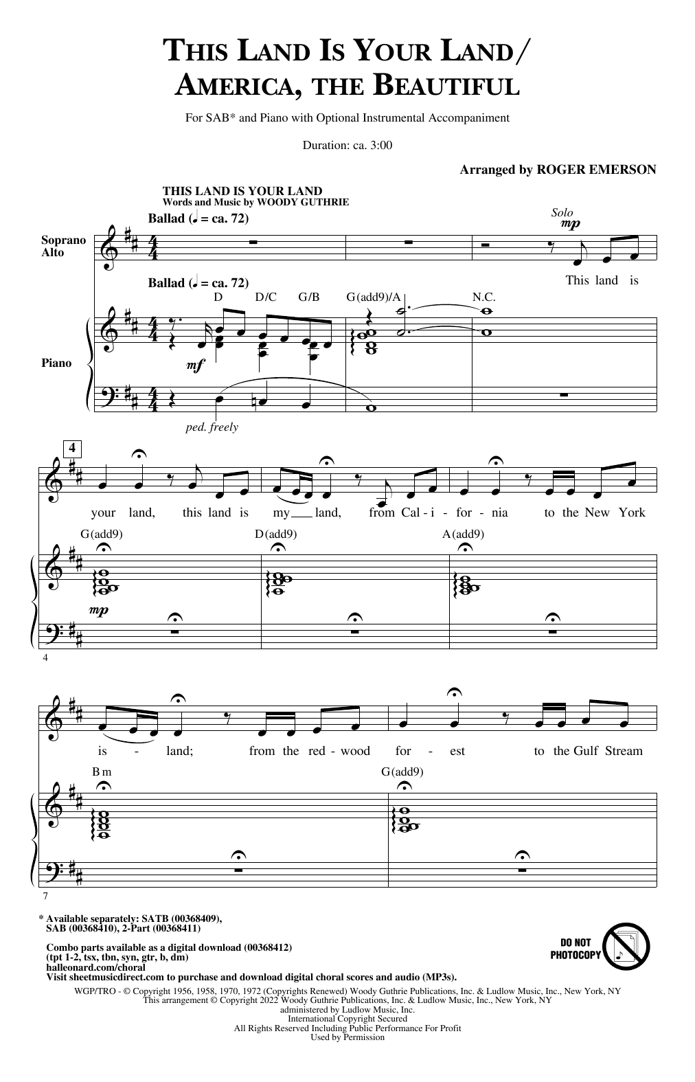Roger Emerson This Land Is Your Land/America, The Beautiful Sheet Music Notes & Chords for SAB Choir - Download or Print PDF