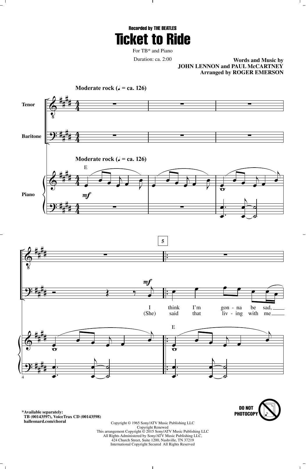 Roger Emerson Ticket To Ride Sheet Music Notes & Chords for TB - Download or Print PDF
