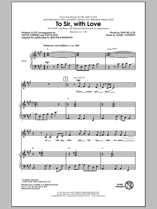 Roger Emerson To Sir, With Love Sheet Music Notes & Chords for SAB - Download or Print PDF