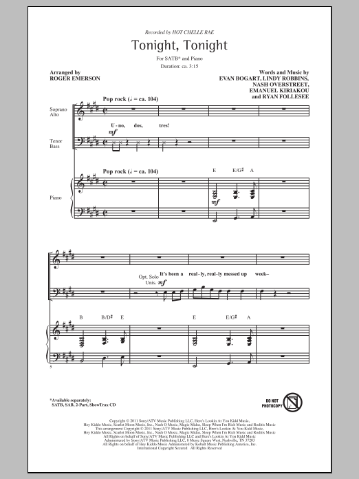 Hot Chelle Rae Tonight Tonight (arr. Roger Emerson) Sheet Music Notes & Chords for SATB - Download or Print PDF