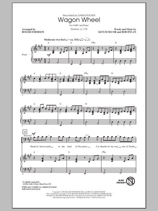 Roger Emerson Wagon Wheel Sheet Music Notes & Chords for SAB - Download or Print PDF