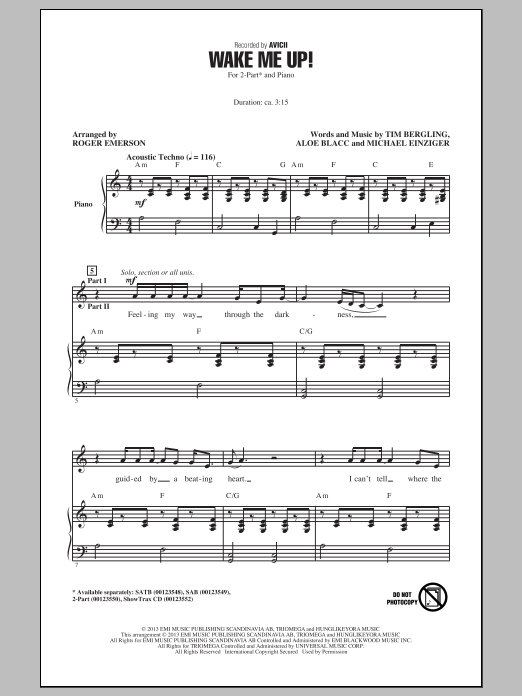 Roger Emerson Wake Me Up! Sheet Music Notes & Chords for 2-Part Choir - Download or Print PDF