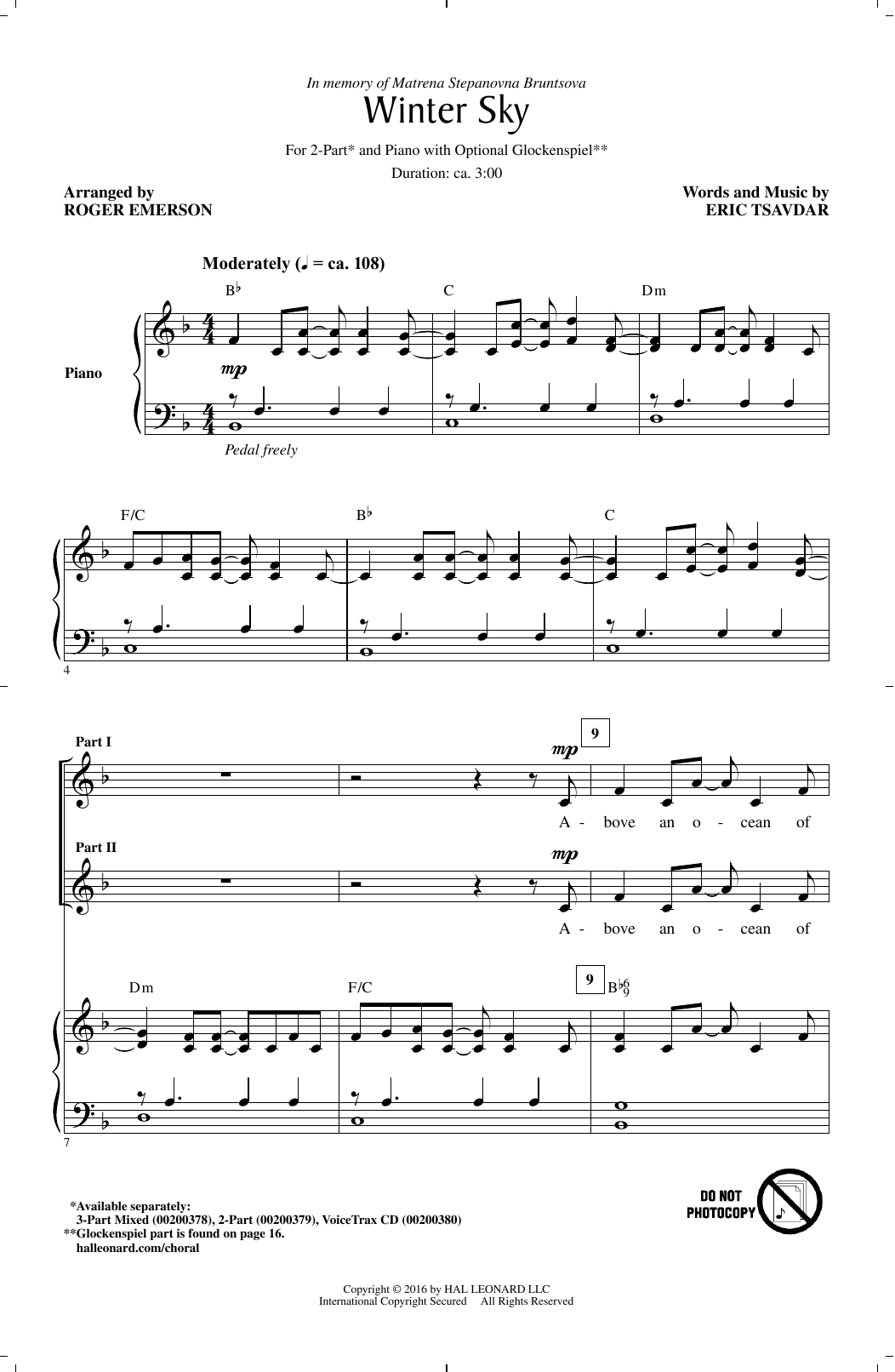 Roger Emerson Winter Sky Sheet Music Notes & Chords for 2-Part Choir - Download or Print PDF