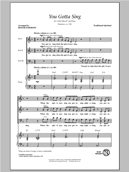 Roger Emerson You Gotta Sing Sheet Music Notes & Chords for 3-Part Mixed - Download or Print PDF