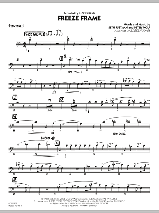 Roger Holmes Freeze Frame - Trombone 1 Sheet Music Notes & Chords for Jazz Ensemble - Download or Print PDF