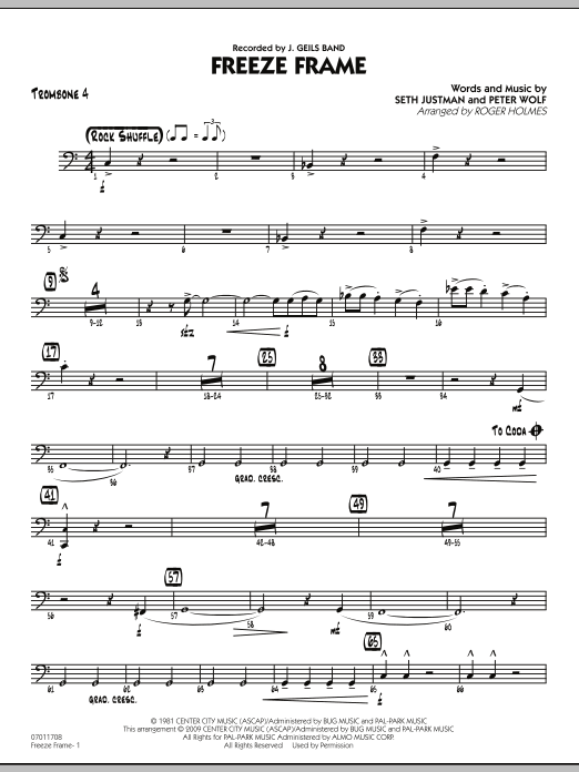 Roger Holmes Freeze Frame - Trombone 4 Sheet Music Notes & Chords for Jazz Ensemble - Download or Print PDF