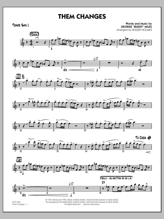 Roger Holmes Them Changes - Tenor Sax 1 Sheet Music Notes & Chords for Jazz Ensemble - Download or Print PDF