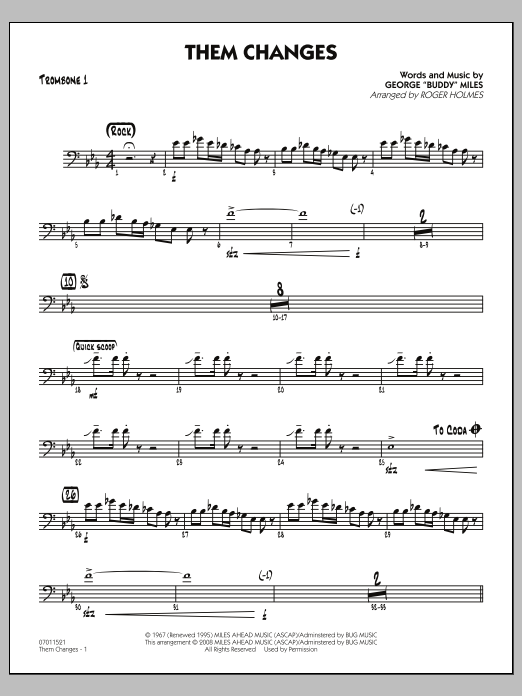 Roger Holmes Them Changes - Trombone 1 Sheet Music Notes & Chords for Jazz Ensemble - Download or Print PDF