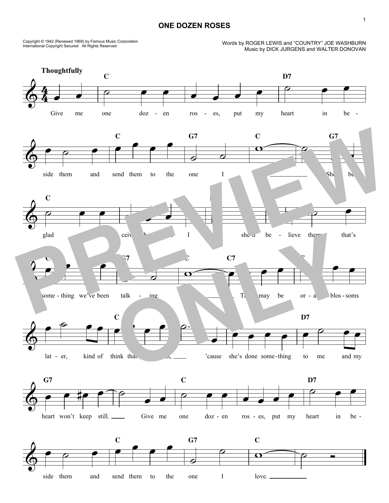Roger Lewis One Dozen Roses Sheet Music Notes & Chords for Melody Line, Lyrics & Chords - Download or Print PDF