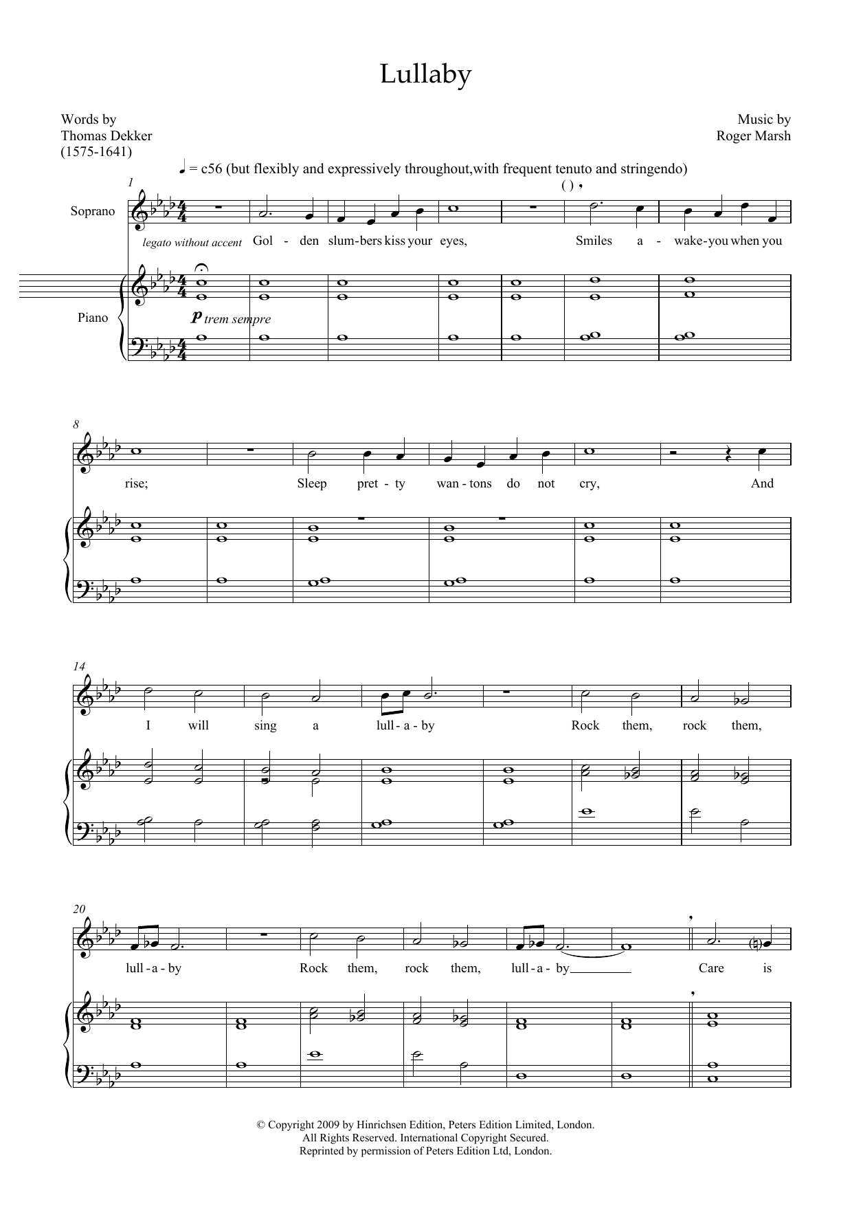 Roger Marsh Lullaby (for soprano and marimba) Sheet Music Notes & Chords for Piano & Vocal - Download or Print PDF