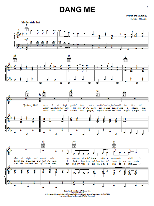 Roger Miller Dang Me Sheet Music Notes & Chords for Melody Line, Lyrics & Chords - Download or Print PDF