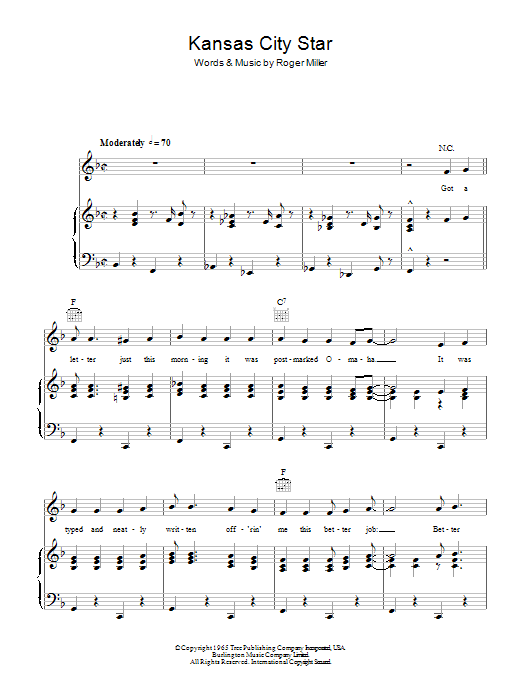 Roger Miller Kansas City Star Sheet Music Notes & Chords for Piano, Vocal & Guitar (Right-Hand Melody) - Download or Print PDF