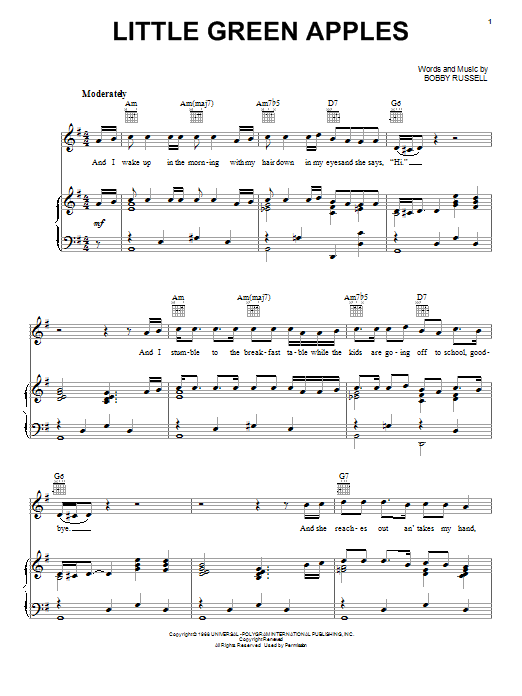 Roger Miller Little Green Apples Sheet Music Notes & Chords for Melody Line, Lyrics & Chords - Download or Print PDF