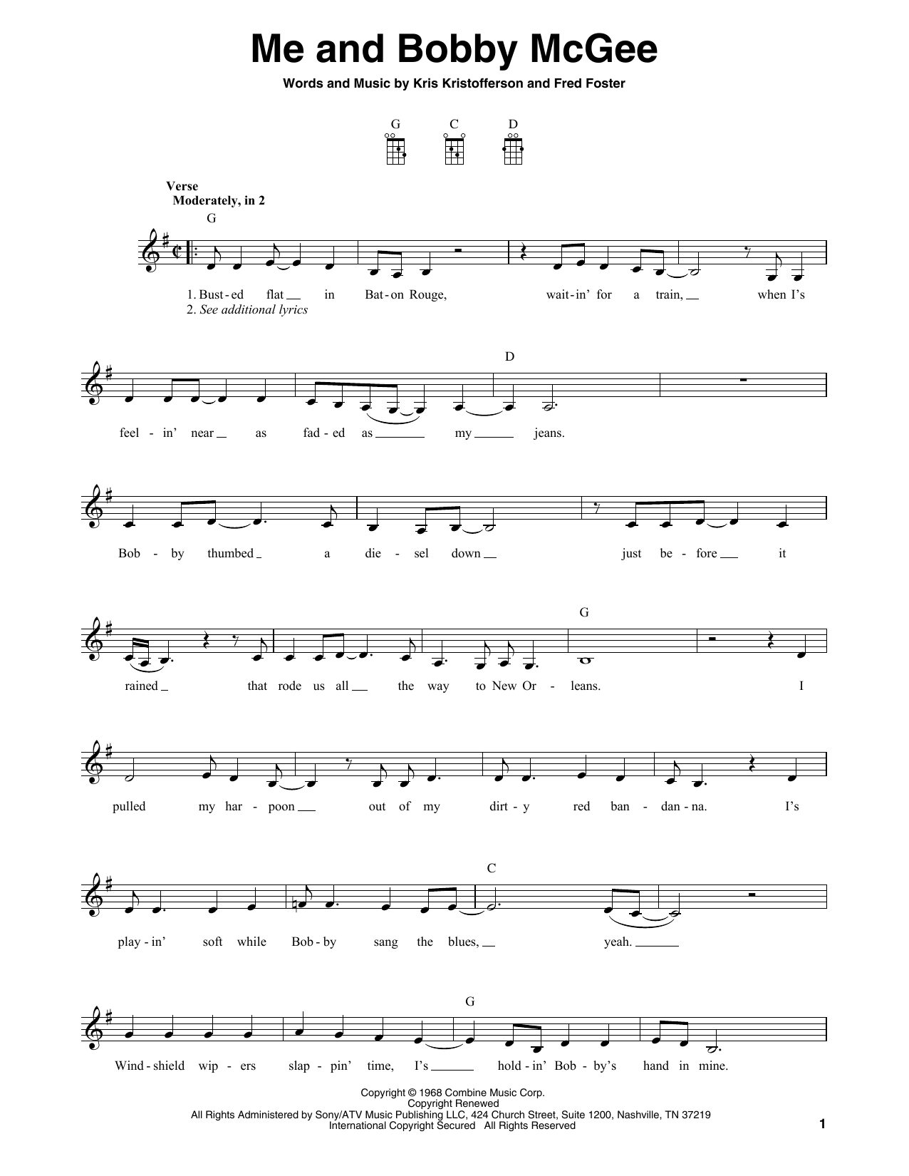 Roger Miller Me And Bobby McGee Sheet Music Notes & Chords for Mandolin - Download or Print PDF