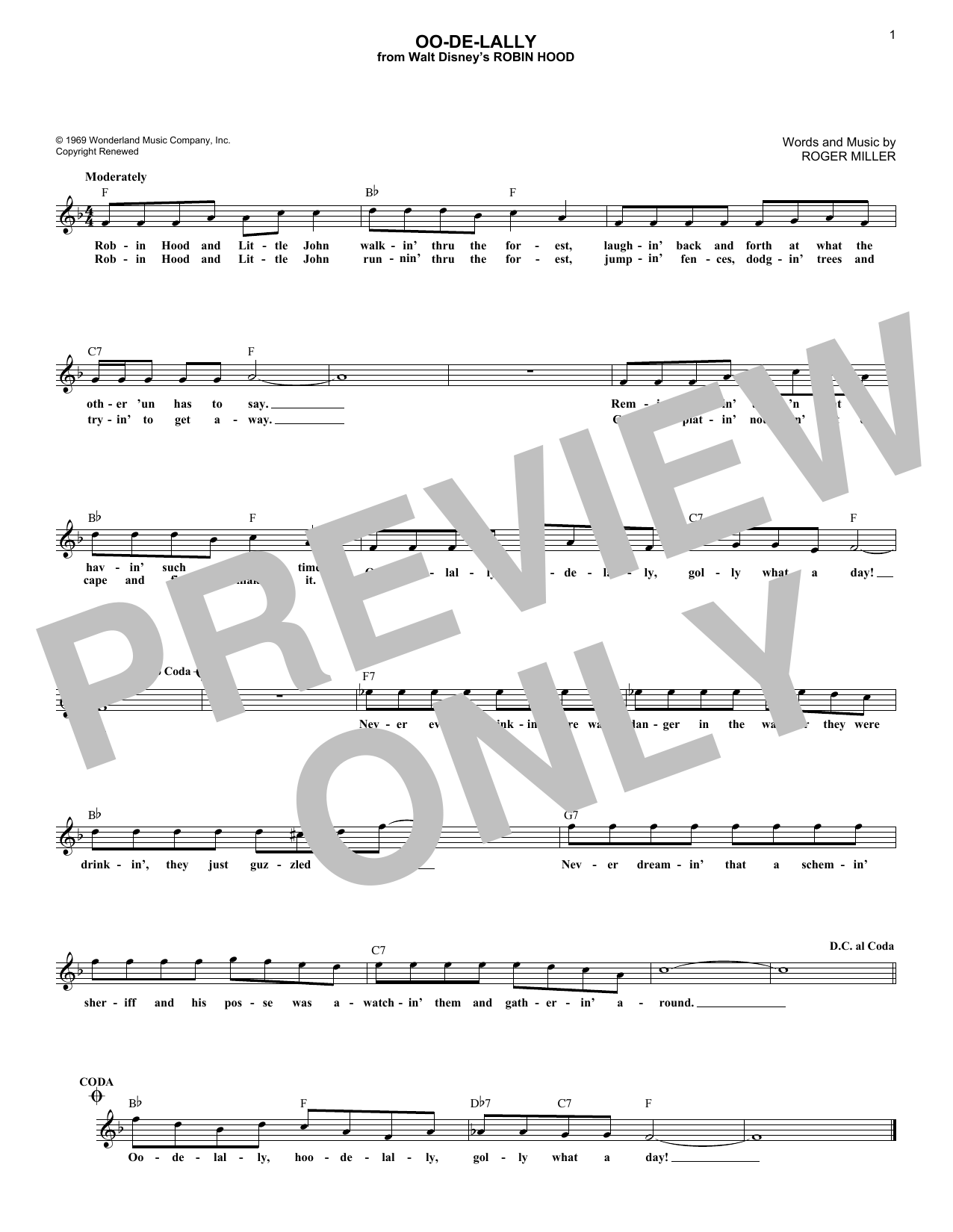 Roger Miller Oo-De-Lally Sheet Music Notes & Chords for Melody Line, Lyrics & Chords - Download or Print PDF