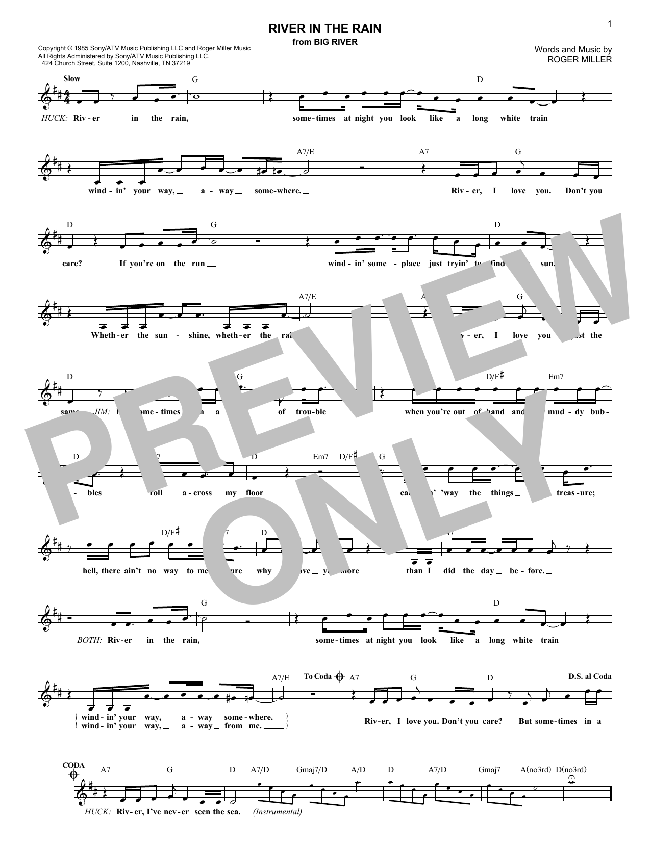 Roger Miller River In The Rain Sheet Music Notes & Chords for Melody Line, Lyrics & Chords - Download or Print PDF