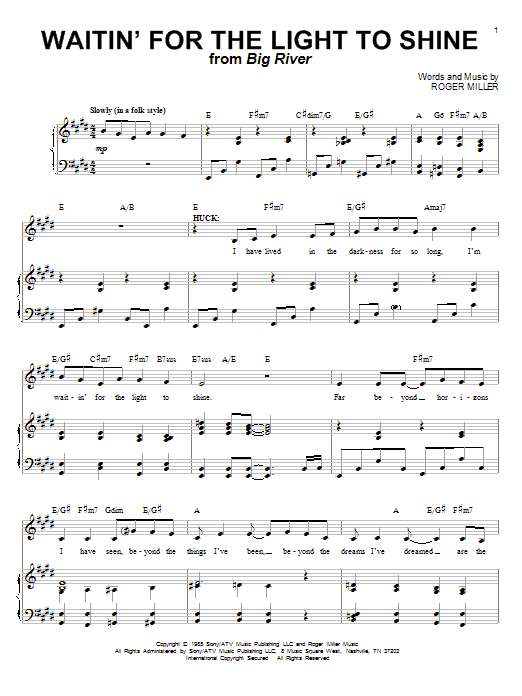 Roger Miller Waitin' For The Light To Shine Sheet Music Notes & Chords for Melody Line, Lyrics & Chords - Download or Print PDF