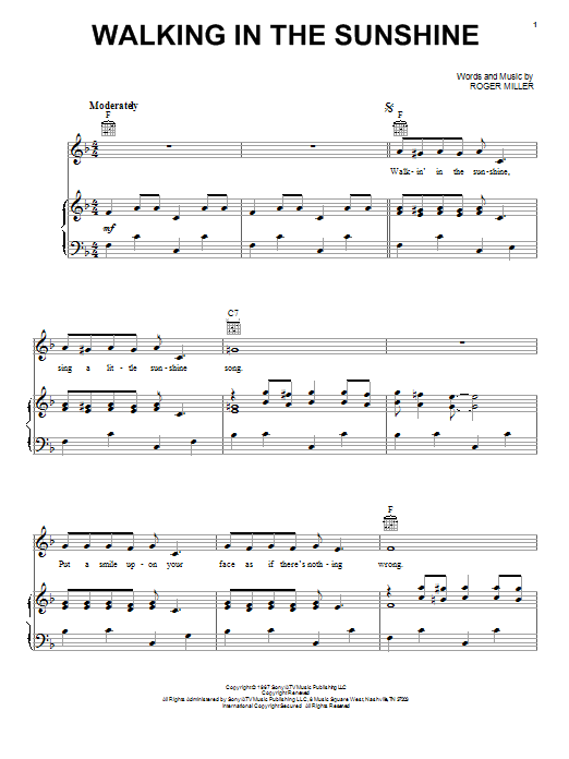 Roger Miller Walking In The Sunshine Sheet Music Notes & Chords for Melody Line, Lyrics & Chords - Download or Print PDF