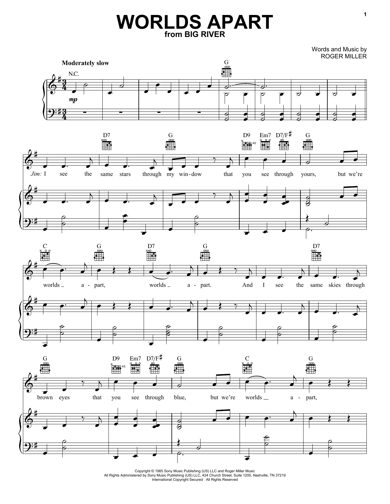Roger Miller Worlds Apart Sheet Music Notes & Chords for Piano, Vocal & Guitar Chords (Right-Hand Melody) - Download or Print PDF