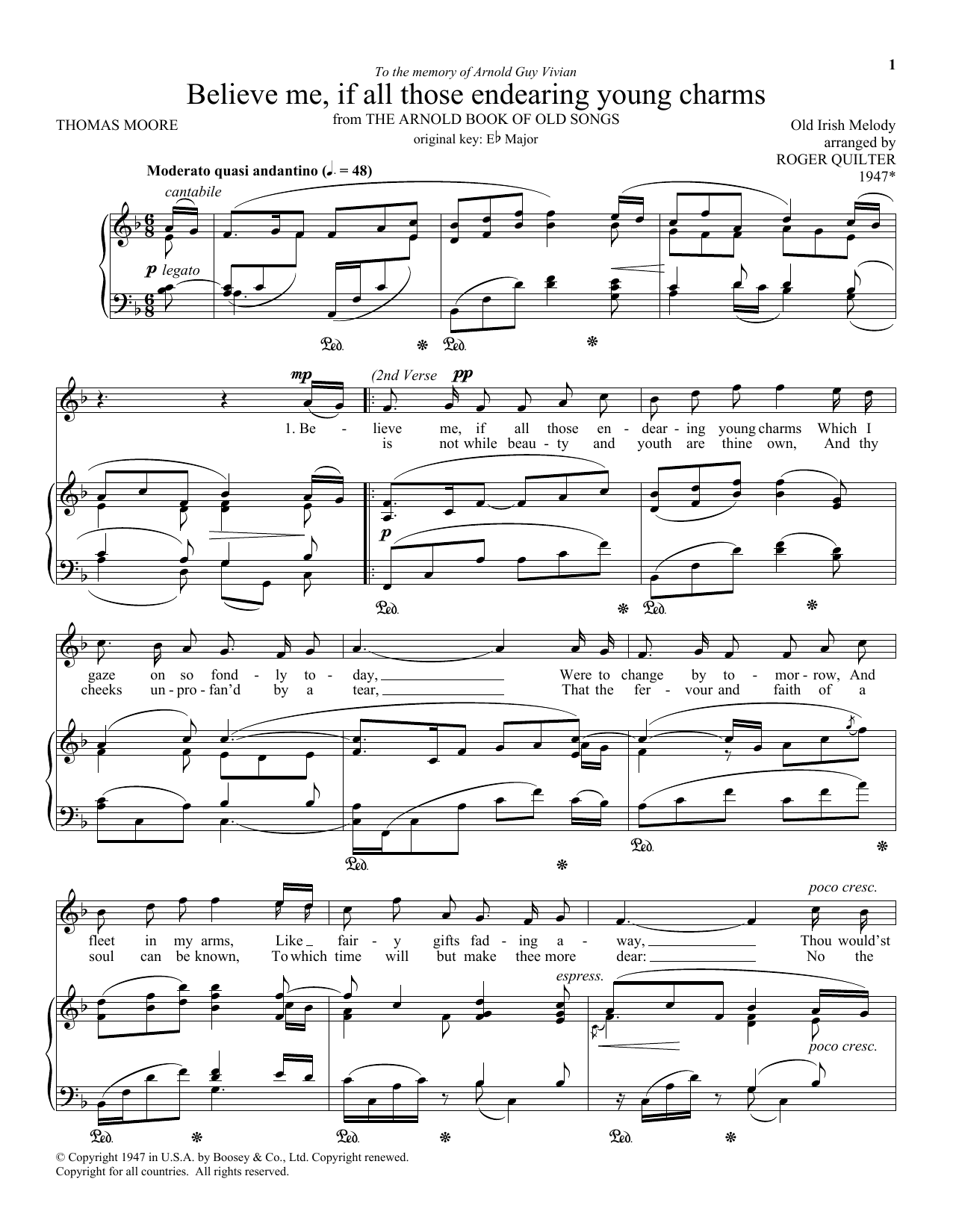 Roger Quilter Believe Me, If All Those Endearing Young Charms Sheet Music Notes & Chords for Piano & Vocal - Download or Print PDF