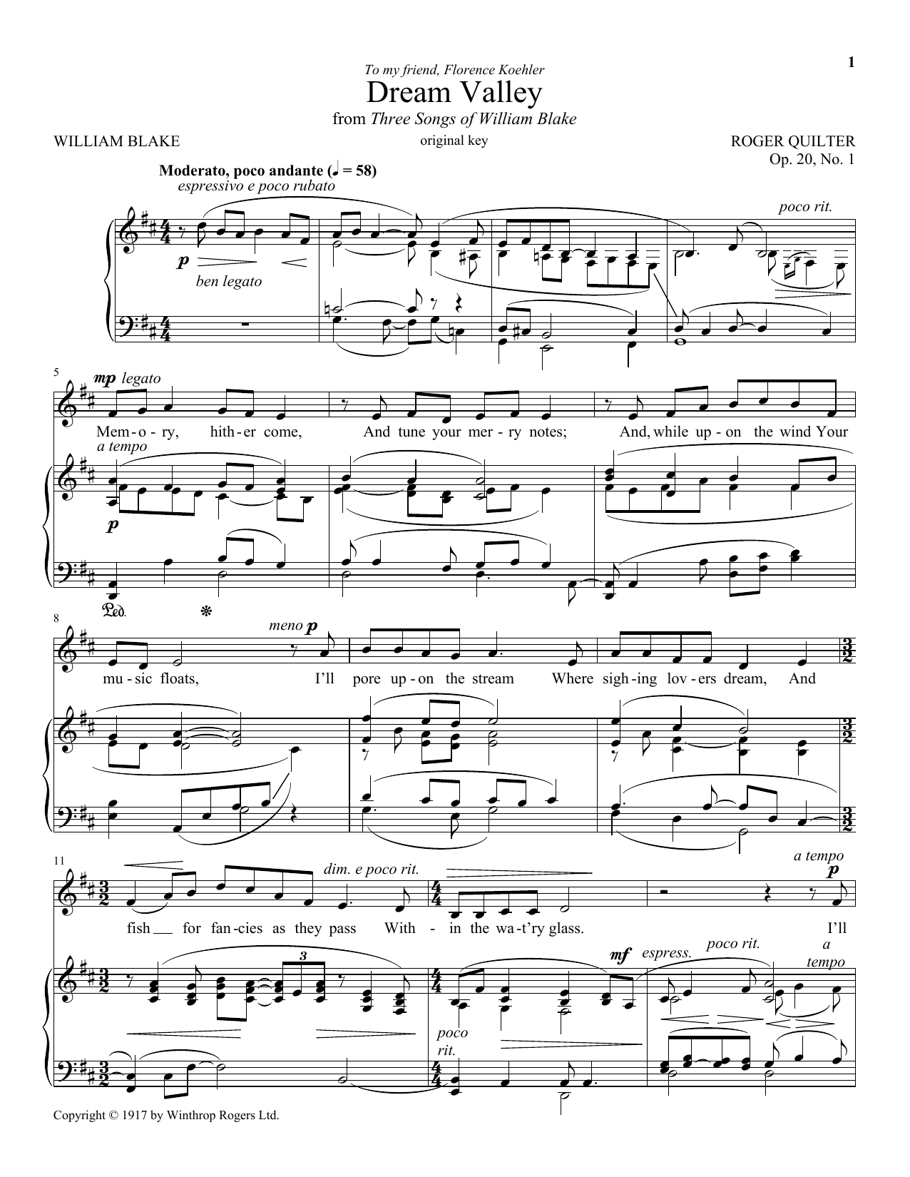 Roger Quilter Dream Valley, Op. 20, No. 1 Sheet Music Notes & Chords for Piano & Vocal - Download or Print PDF
