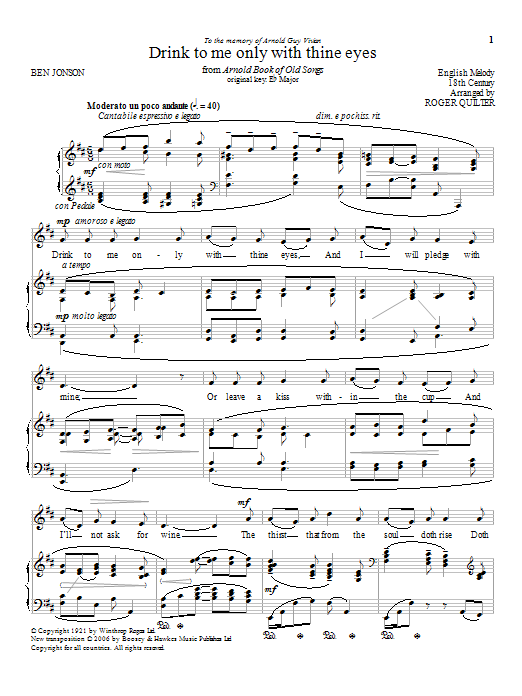Roger Quilter Drink To Me Only With Thine Eyes Sheet Music Notes & Chords for Piano & Vocal - Download or Print PDF