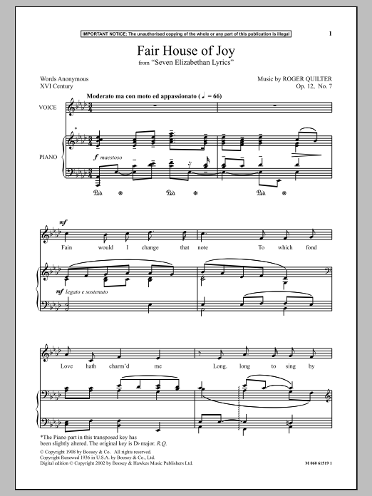 Roger Quilter Fair House Of Joy (from Seven Elizabethan Lyrics) Sheet Music Notes & Chords for Piano & Vocal - Download or Print PDF