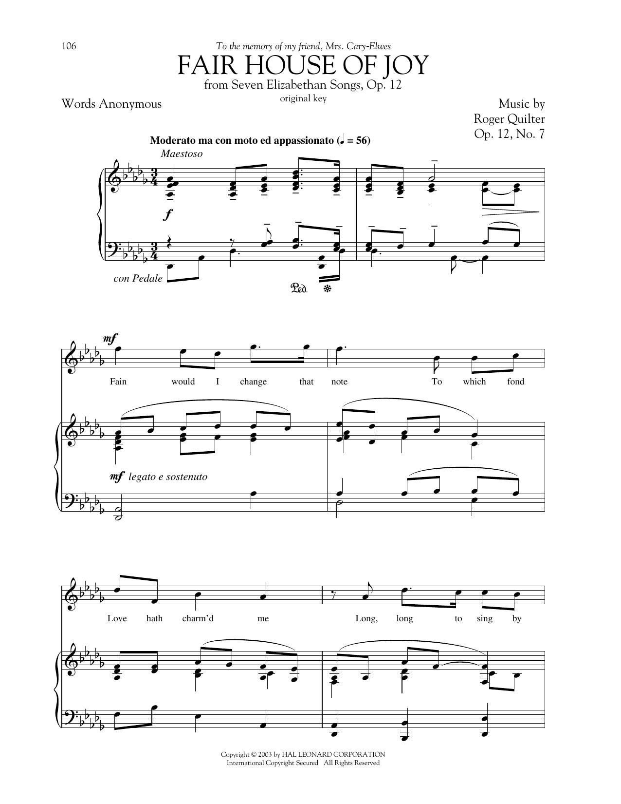 Roger Quilter Fair House Of Joy Sheet Music Notes & Chords for Piano & Vocal - Download or Print PDF