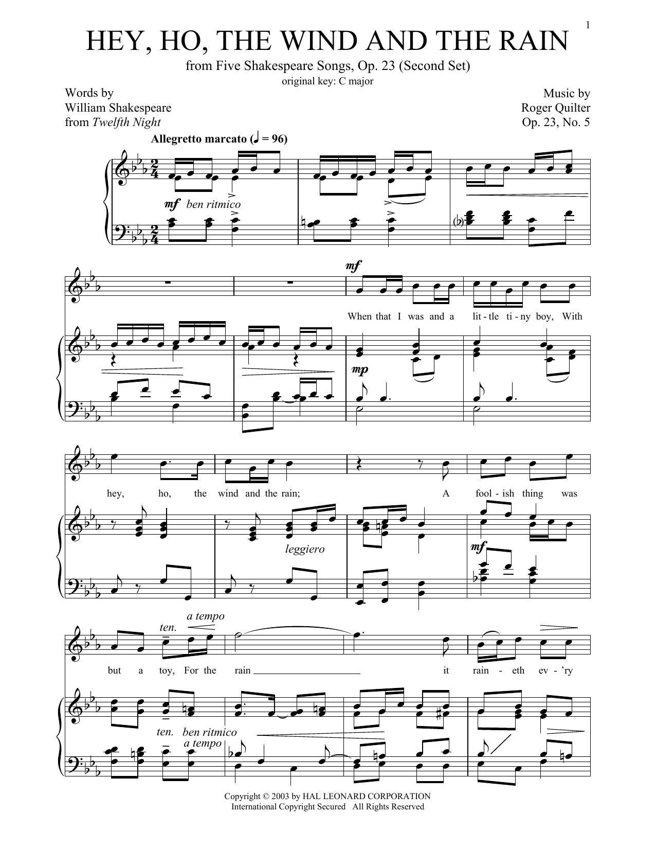 Roger Quilter Hey, Ho, The Wind And The Rain (High Voice) Sheet Music Notes & Chords for Piano & Vocal - Download or Print PDF