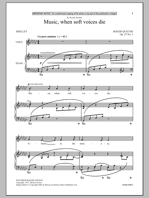 Roger Quilter Music, When Soft Voices Die Sheet Music Notes & Chords for Piano - Download or Print PDF