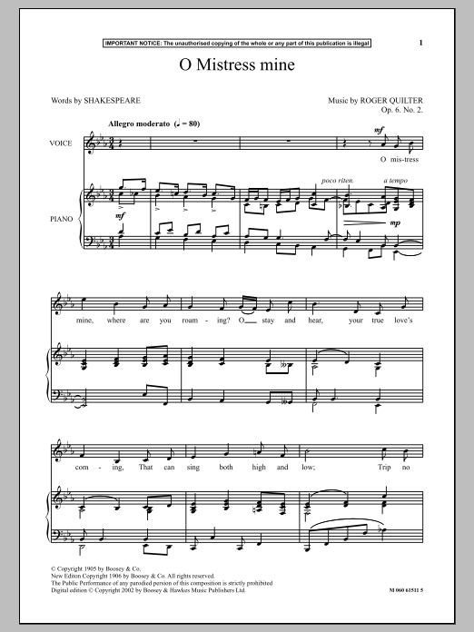 Roger Quilter O Mistress Mine Sheet Music Notes & Chords for Piano & Vocal - Download or Print PDF