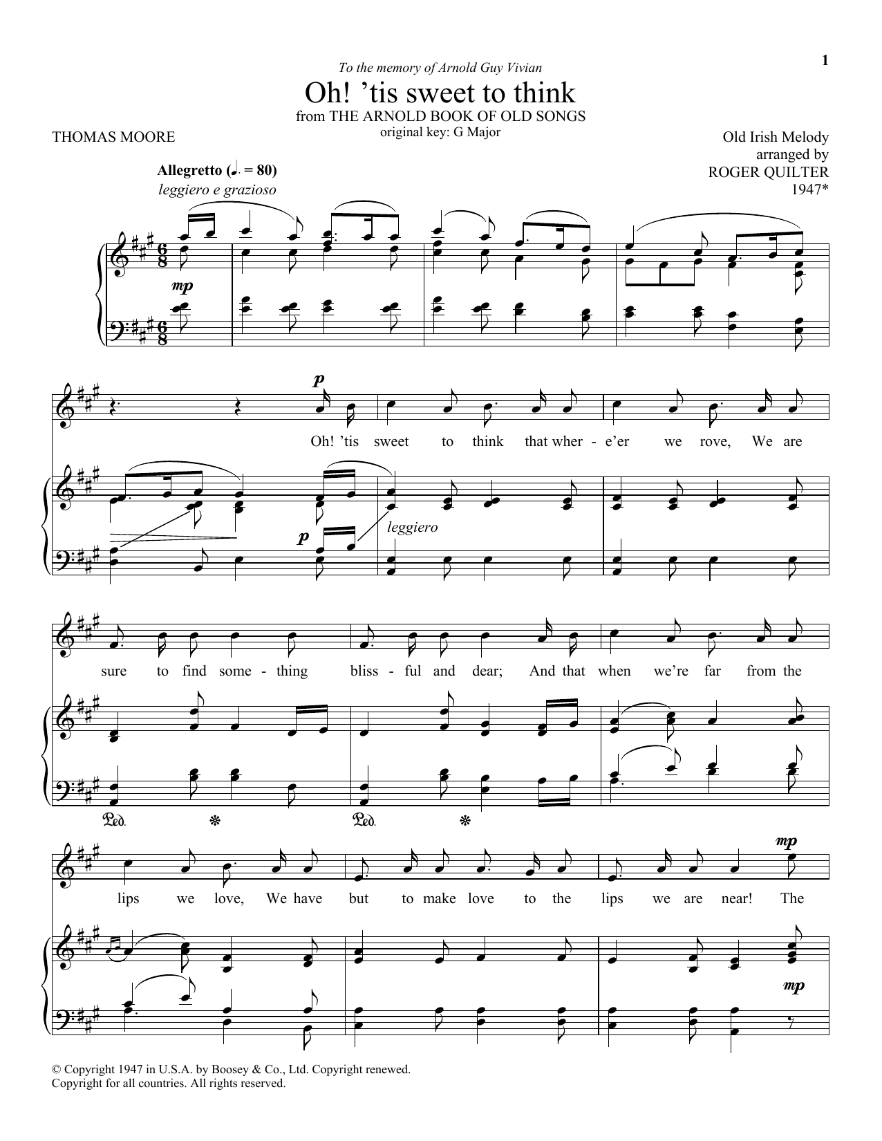 Roger Quilter Oh! 'Tis Sweet To Think Sheet Music Notes & Chords for Piano & Vocal - Download or Print PDF