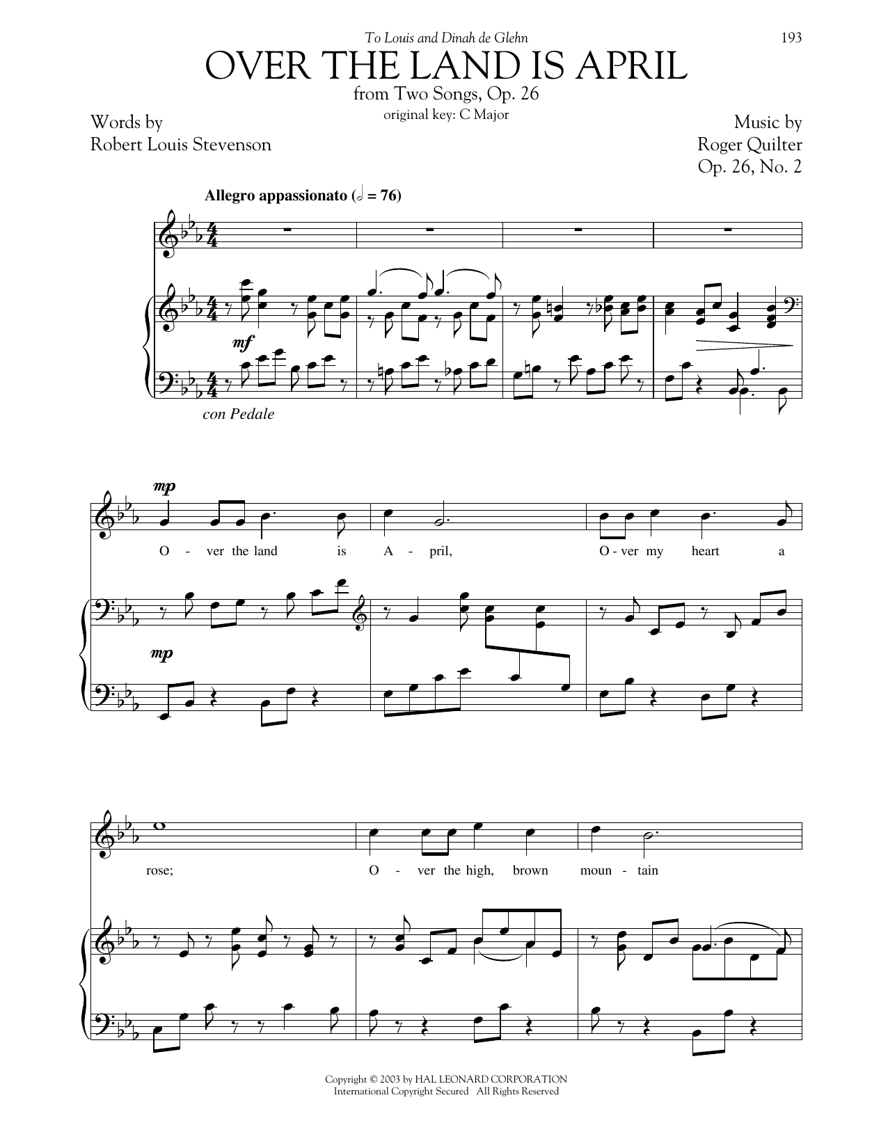 Roger Quilter Over The Land Is April (from Two Songs, Op. 26, No. 2) (High Voice) Sheet Music Notes & Chords for Piano & Vocal - Download or Print PDF