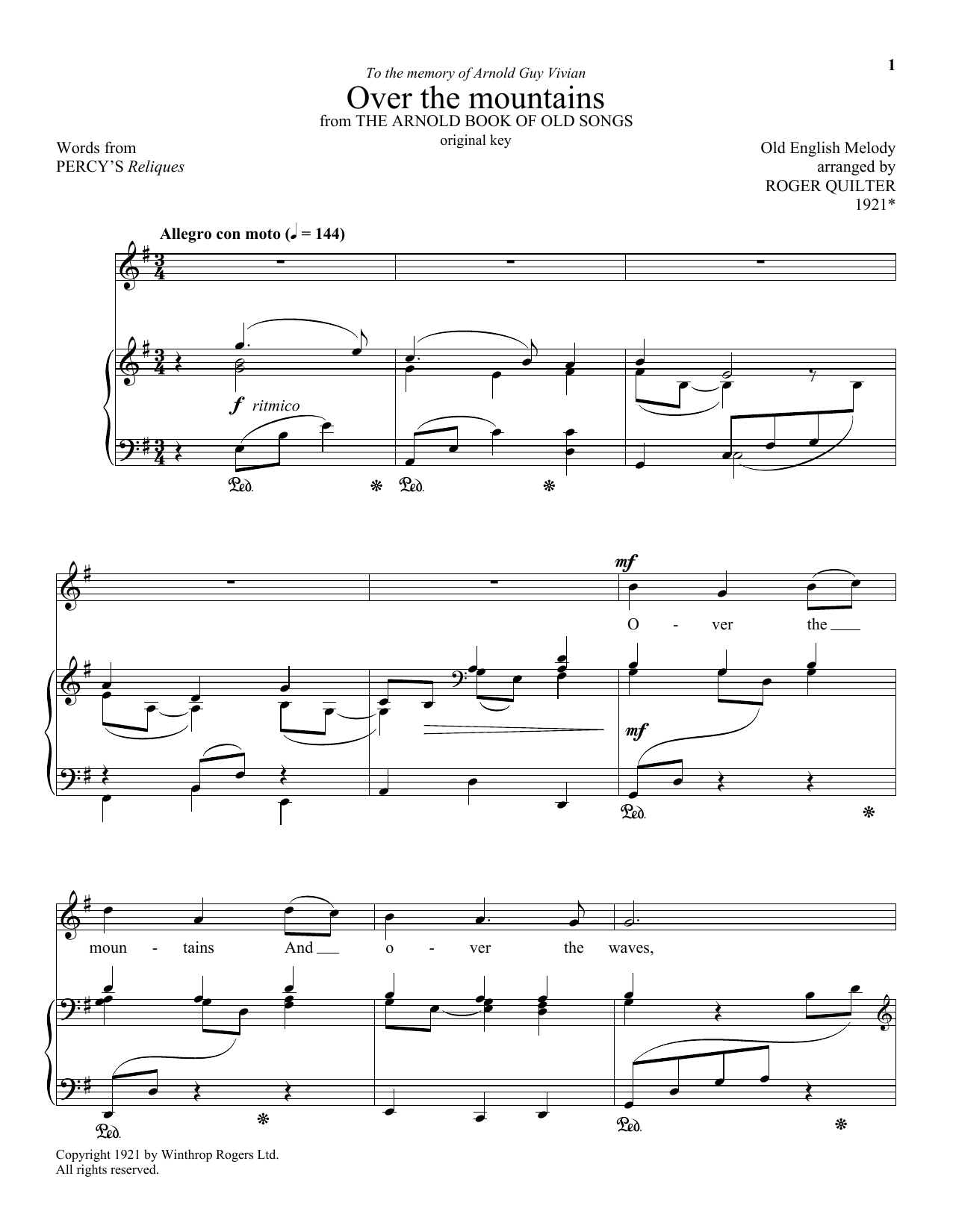 Roger Quilter Over The Mountains Sheet Music Notes & Chords for Piano & Vocal - Download or Print PDF