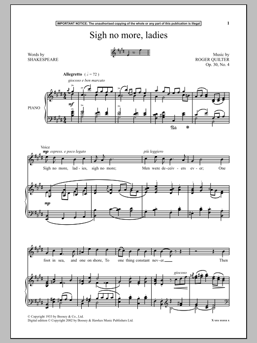Roger Quilter Sigh No More, Ladies Sheet Music Notes & Chords for Piano & Vocal - Download or Print PDF